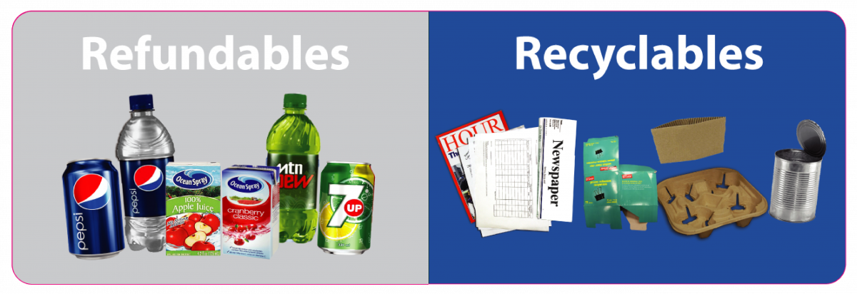 Image showing two sections: Left labeled "Refundables" with beverage containers; right labeled "Recyclables" with paper items, a cardboard tray, and a metal can.